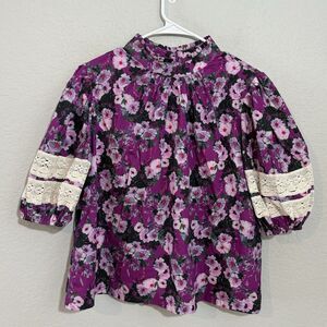 &Merci Pink Boho Top Women's Large Purple Puff Sleeve Blouse NWOT